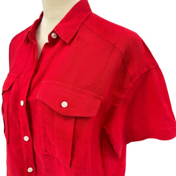 Alex Mill Bright Solid Red 100% Linen Short Sleeve Button Up Utility Camp Shirt - Picture 5 of 10